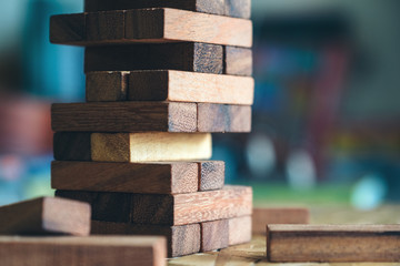 Closeup image of a Jenga or Tumble tower wooden block game