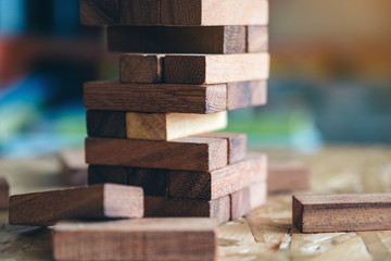 Closeup image of a Jenga or Tumble tower wooden block game