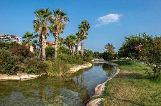 Valencia, Spain Gardens in the old dry riverbed of the Turia river, water reflection. Landscape leisure and sport area with trees, grass and water mirror