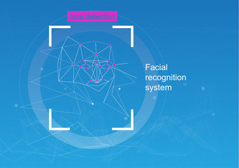 Face recognition, concept.  concept of recognition. diagram of the grid and neural network algorithm.