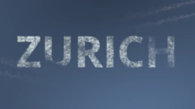 Flying airplanes reveal Zurich caption. Traveling to Switzerland conceptual intro animation