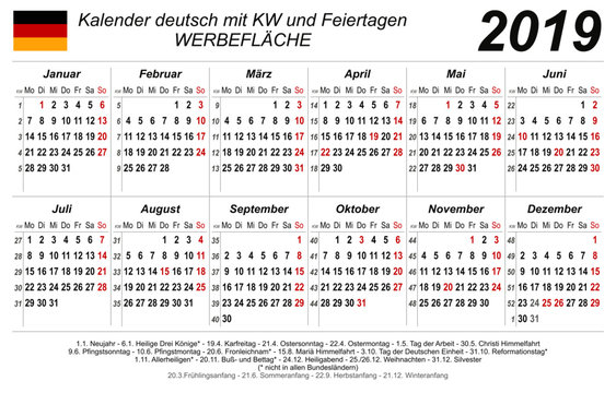 Kalender 2019 - neutral weiß - quer - deutsch - mit Feiertagen