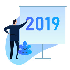 2019 Businessman standing doing presentation on new year target future vision for company