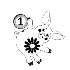 Cute black and white piglet moneybox with hug gesture isolated on white