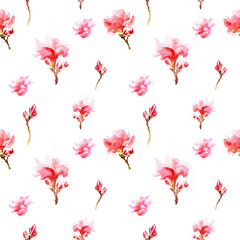 Seamless watercolor ornament of watercolor branches of pink rhododendron on a white background. Summer airy and romantic pattern in pastel colors.