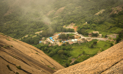 Savanadurgr Hill station,Ariel view of temple between the two mountains.