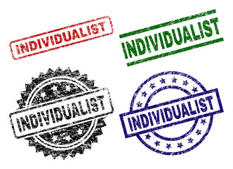 INDIVIDUALIST seal stamps with distress style. Black, green,red,blue vector rubber prints of INDIVIDUALIST label with corroded style. Rubber seals with circle, rectangle, medallion shapes.