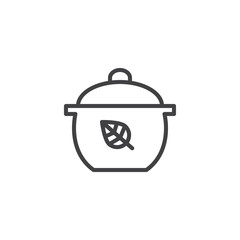 Organic food outline icon. linear style sign for mobile concept and web design. eco saucepan with leaf simple line vector icon. Symbol, logo illustration. Pixel perfect vector graphics