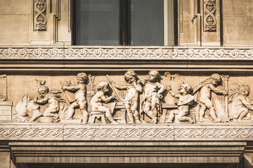 Stone Relief on the wall of Brussels Stock Exchange building (Bourse) at downtown Brussels