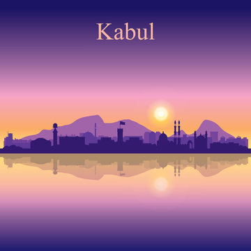 Kabul city silhouette on sunset background