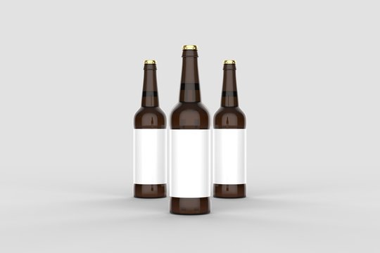 Beer bottle mock up isolated on soft gray background. 3D illustration