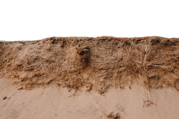 Close-up isolated ground slice with clay sandy earth field.
