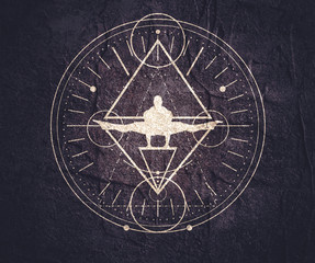 Mystery, witchcraft, occult and alchemy tattoo sign. Mystical vintage gothic geometry thin lines symbol with silhouette of a muscular man