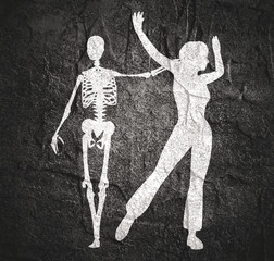 Fototapeta na wymiar Woman and skeleton standing silhouettes. Halloween party design template. Lady try run away from death embrace