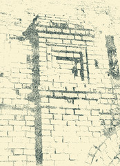 Wall part of Spaso-Prilutsky Monastery in the Vologda city, Russia. Castle defense wall. Decorative element. Vintage photo imitation. Grain noise effect