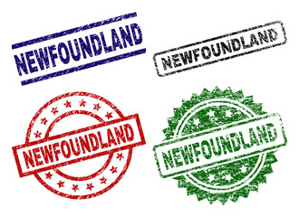 NEWFOUNDLAND seal prints with distress texture. Black, green,red,blue vector rubber prints of NEWFOUNDLAND caption with corroded texture. Rubber seals with round, rectangle, medallion shapes.