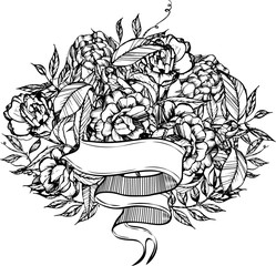 camellia,peonies,sweet pea,ribbon for your records,handmade,leaves,flowers, buds,banner ribbon isolated on white,vector illustration,card for you,coloring books for children and adults