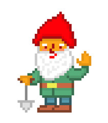 Little bearded gnome in a red pointy hat, green jacket and blue pants with a shovel waving, pixel art isolated on white. Lawn ornament. Fairy tale character. 8 bit dwarf logo. Leprechaun mascot.