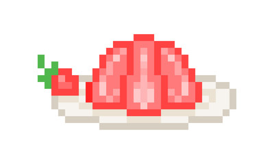 Obraz premium Red strawberry jelly served on a plate, pixel art illustration isolated on white background. Fresh homemade berry dessert. Wedding/birthday party treat. Cafe/restaurant menu sticker.