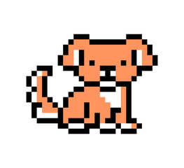 Pixel art dog character isolated on white background. Domesitc animal icon. Cute 8 bit logo. Retro vintage 80s; 90s slot machine/video game graphics. Pet friend.