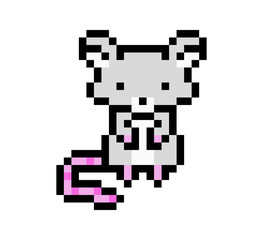 Pixel art mouse isolated on white background. Domesitc animal icon. Cute 8 bit logo. Retro vintage 80s; 90s slot machine/video game graphics. Little pet. Small laboratory rat. Wildlife vole.