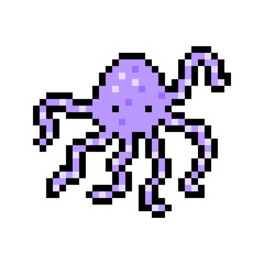 Pixel art violet octopus character isolated on white background. Wildlife/oceanarium/zoo/underwater animal icon. Cute 8 bit logo. Retro vintage 80s; 90s slot machine/video game graphics.