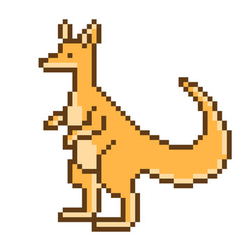Pixel art kangaroo character isolated on white background.  Australian wildlife/zoo/national park/safari animal icon. Cute 8 bit logo. Retro vintage 80s; 90s slot machine/video game graphics.