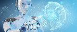 White humanoid woman using globe network hologram with Europe map 3D rendering