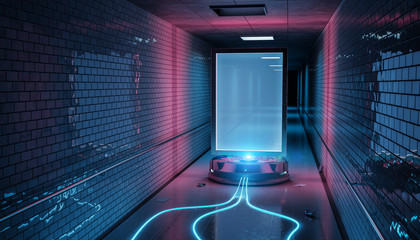 Futuristic billboard in dirty underground tube station mockup 3d rendering