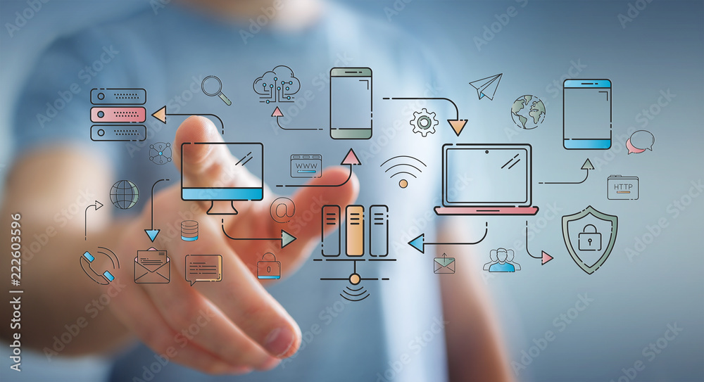 Wall mural businessman using tech devices and icons thin line interface