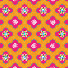 Vibrant pink and orange decorated Moroccan seamless pattern with floral designs for textile, fabric, backgrounds, decoration, wallpaper, backdrop & templates. pattern swatch included at eps.file