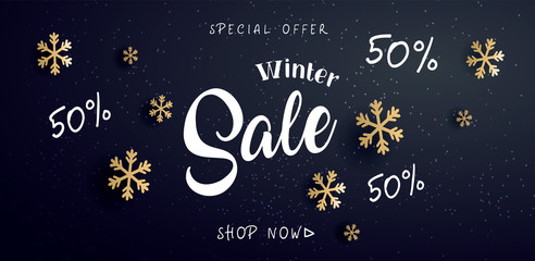 Winter sale  banner with text and snowflake, vector illustration. 