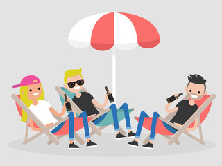 Garden party. Hanging out with friends. Young people seating in a chaise lounges. Outdoor leisure. Flat editable vector illustration, clip art