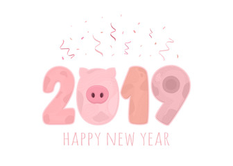 2019 Happy New Year. Stylized figures in pig style isolated on white background. Happy holidays design element. Vector illustration.
