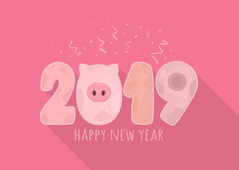 2019 Happy New Year. Cute stylized figures in pig style. Happy holidays design element. Vector illustration.