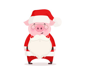 Christmas illustration. Pig dressed in Santa Claus costume. Flat vector design.