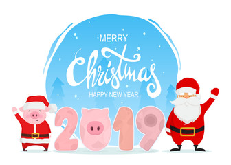 Merry Christmas and Happy New Year. Cartoon funny characters Santa Claus and pig dressed in santa costume. Stylized numbers 2019. Winter landscape. Vector illustration.