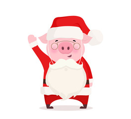 Pig dressed in Santa Claus costume. Christmas illustration. Flat vector design.