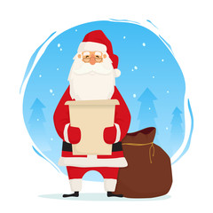 Santa Claus with huge bag with presents reading letter. Winter landscape. Merry Christmas vector illustration Greeting card.
