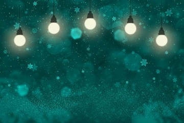 light blue beautiful bright glitter lights defocused bokeh abstract background with light bulbs and falling snow flakes fly, holiday mockup texture with blank space for your content