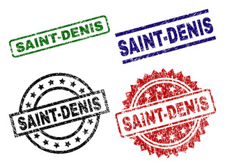 SAINT-DENIS seal prints with corroded style. Black, green,red,blue vector rubber prints of SAINT-DENIS label with retro style. Rubber seals with circle, rectangle, medal shapes.