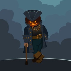 character with a pumpkin head in a pirate suit with a cane, halloween