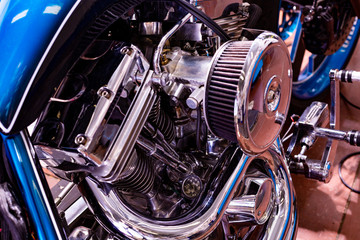 Engine close up shot of beautiful and custom made motorcycle