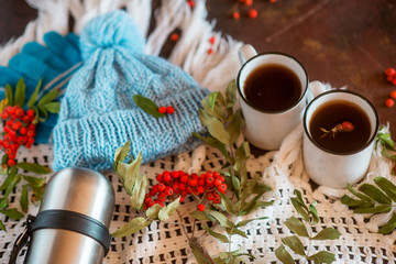 Autumn walk concept: hat, gloves, thermos, hot tea and autumn leaves