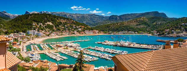 Marina and beach at bay seaside of Port de Soller on Mallorca, panoramic aerial view