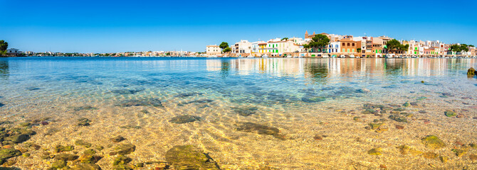 Panorama of coast in Portocolom, old fisher village on Mallorca, Mediterranean Sea
