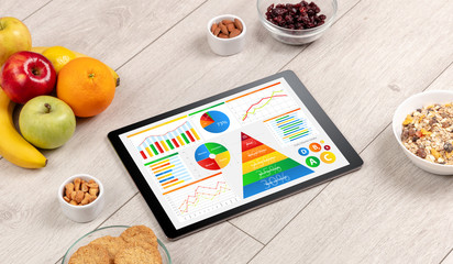 Fototapeta na wymiar healthy eating concept - close up of tablet with several dieting statistics