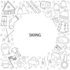 Skiing background from line icon. Linear vector pattern. Vector illustration	