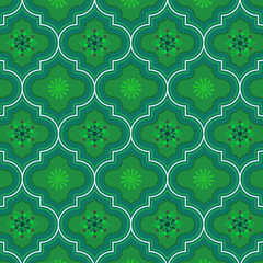 green monochromic decorated Moroccan seamless pattern with floral designs for textile, fabric, backgrounds, decoration, wallpaper, backdrop & templates. pattern swatch included at eps.file