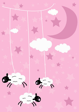 Little sheep flying in the clouds. Style cartoons. Wish a good night. Wallpaper for children